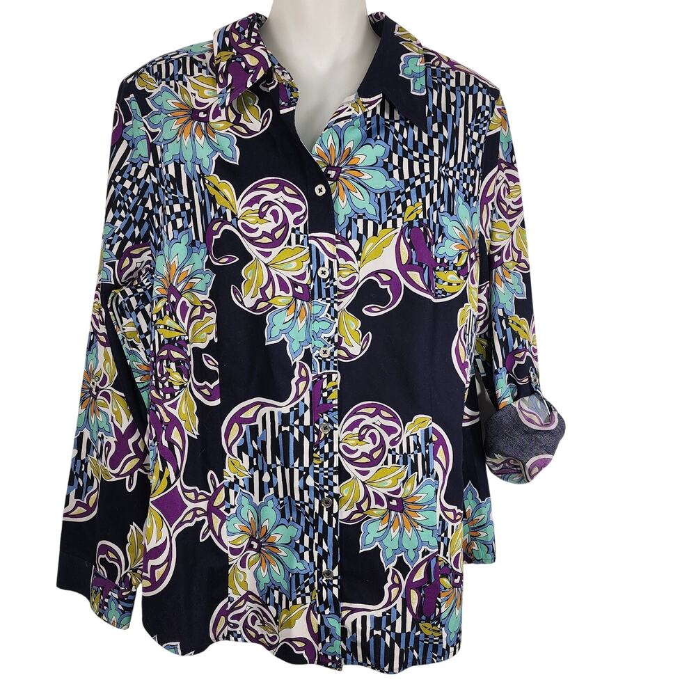 Chicos No-Iron Women Button Shirt Cotton Floral Geometric Long Tab Sleeve Medium
